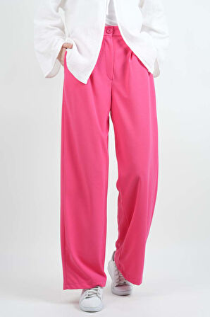 Tesettür Pantolon Double Mira Cepli Palazzo Pantolon Pembe