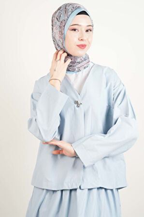 Tesettür Takım Tek Cep Detaylı Poplin Etekli 2'li Takım Mavi