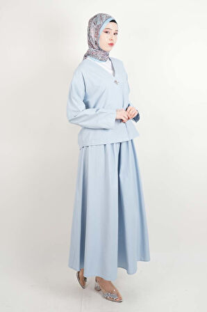 Tesettür Takım Tek Cep Detaylı Poplin Etekli 2'li Takım Mavi