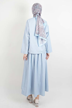 Tesettür Takım Tek Cep Detaylı Poplin Etekli 2'li Takım Mavi