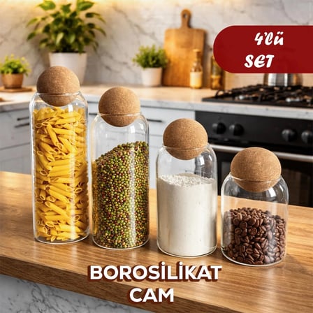 Porsima 4lü Ahşap Mantar Top Kapaklı Borosilikat Cam Kavanoz Seti Şekerlik Çerezlik Baharatlık Ve Saklama Kabı