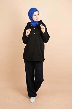 Kapüşonlu Sweat Yarım Çıtçıt Detaylı Sweat Siyah