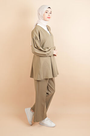 V Yaka Bel Oturtmalı Balon Kol Gül Broşlu Scuba İkili Kombin Takım Yeşil