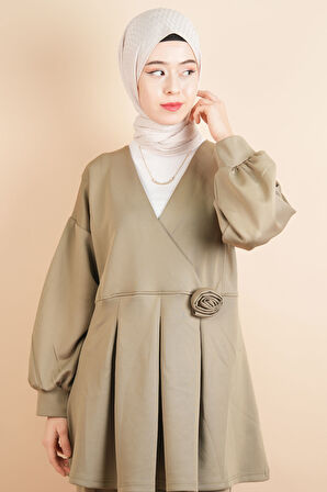 V Yaka Bel Oturtmalı Balon Kol Gül Broşlu Scuba İkili Kombin Takım Yeşil