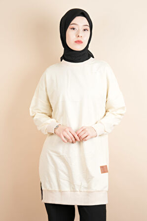 Bayan Basic Sweat Amblemli Tesettür Sweat Krem