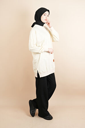Bayan Basic Sweat Amblemli Tesettür Sweat Krem