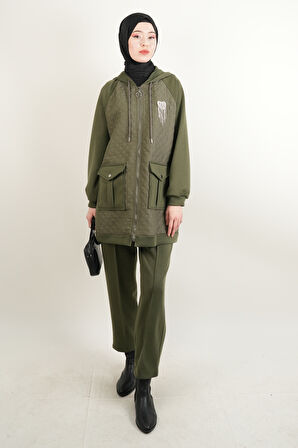 Taş Broşlu 2 li Kapitone Detaylı Takım Koyu Haki