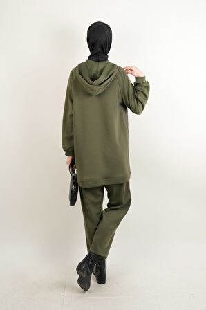 Taş Broşlu 2 li Kapitone Detaylı Takım Koyu Haki