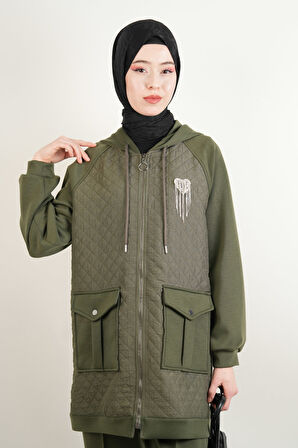 Taş Broşlu 2 li Kapitone Detaylı Takım Koyu Haki