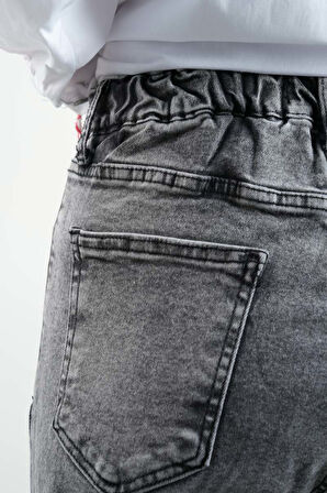 Kot Pantolon Bayan Yan Yırtmaç Taş Detaylı Denim Pantolon Açık Gri