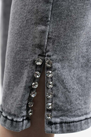 Kot Pantolon Bayan Yan Yırtmaç Taş Detaylı Denim Pantolon Açık Gri