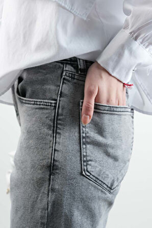 Kot Pantolon Bayan Paça Püsküllü Yan Taş Yırtmaçlı Denim Pantolon Açık Gri