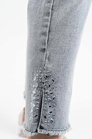 Kot Pantolon Bayan Paça Püsküllü Yan Taş Yırtmaçlı Denim Pantolon Açık Gri