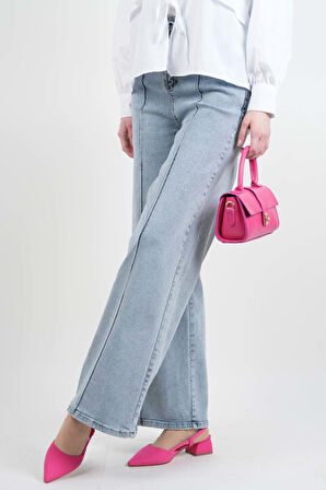 Bayan Bol Paça Kot Pantolon Palazzo Denim Açık Mavi