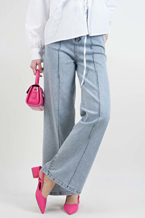 Bayan Bol Paça Kot Pantolon Palazzo Denim Açık Mavi