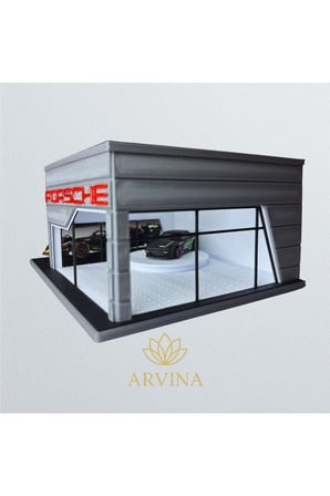 Arvina Atelier Porsche Büyük Showroom | Koleksiyon Garajı | Parlak Logo | 1:64 Ölçek (Araçlar Dahil Değil)