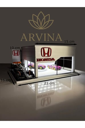 Arvina Atelier Honda LED’li Büyük Showroom | Koleksiyon Garajı | Parlak Logo | 1:64 Ölçek (Araçlar Dahil Değil)