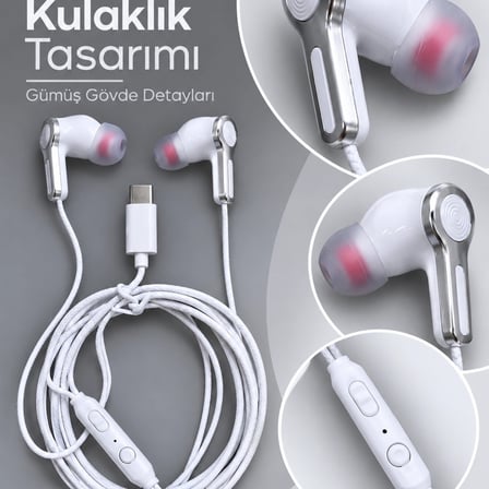 Gümüş Detaylı Silikon Başlıklı Type C Kablolu Kulaklık