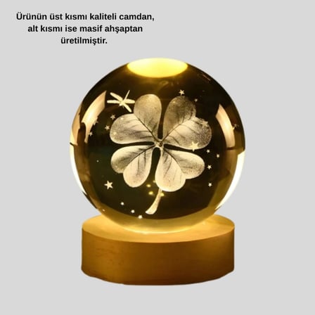 Dekoratif Yonca Görünümlü Işıklı Kristal Cam Küre Usb Masa Gece Lambası