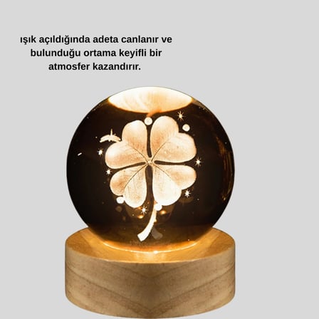 Dekoratif Yonca Görünümlü Işıklı Kristal Cam Küre Usb Masa Gece Lambası