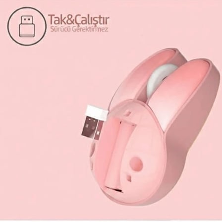 Tavşan Figürlü Kablosuz Mouse Pil Dahil Etiket Hediyeli Pembe