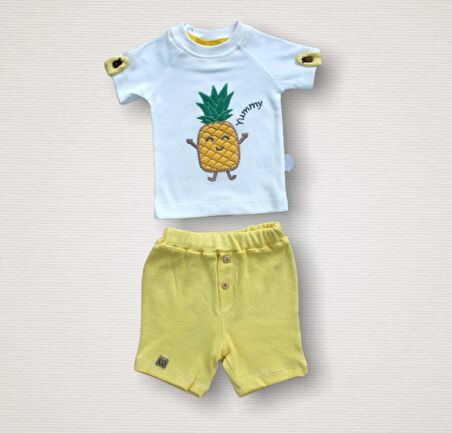 6-9 9-12 12-18 Ay Ananas Nakışlı Kısa Kollu Sweatli Şortlu 2li Kız-erkek Bebek Takımı