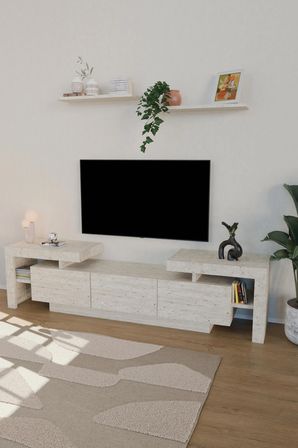 Terra Tv Ünitesi 190cm Modern Kullanışlı 3 Kapaklı Raflı Uçan Tv Sehpası Traverten Desen