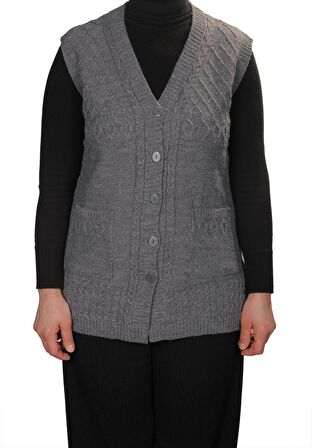 Kadın Gri  Düğmeli Yelek