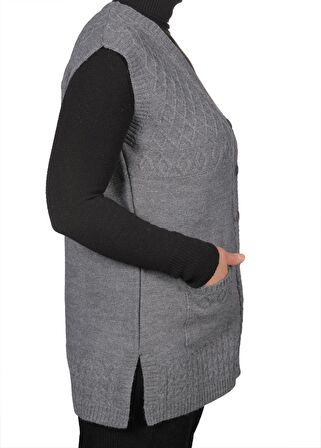 Kadın Gri  Düğmeli Yelek