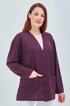 Kadın Mürdüm Mevsimlik Cepli Düğmeli Kısa Penye Hırka