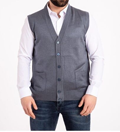 Erkek Gri İnce Yün Triko Cepli Örgü Yelek