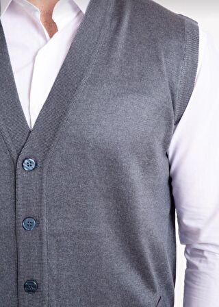 Erkek Gri İnce Yün Triko Cepli Örgü Yelek