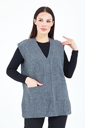 Kadın Gri V Yaka Düğmeli Cepli Örgü Yün Anne Triko Yelek
