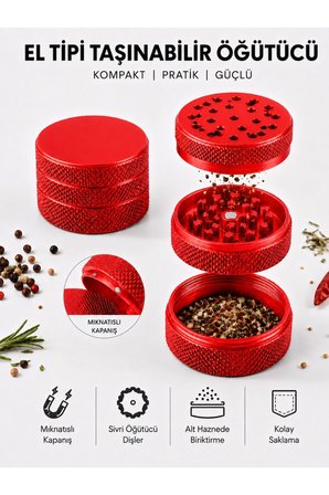 Arvina Atelier 3 Katmanlı Alt Hazneli Mini Tütün Öğütücü Grinder Kırmızı