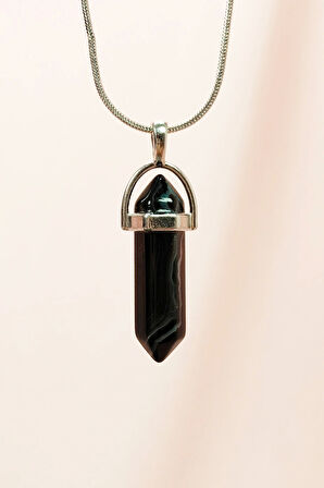 Obsidyen Doğal Taşı Zincirli El Yapımı Tasarımlı Kolye Uç: 3,5 cm Zincir: 20 cm Kutulu