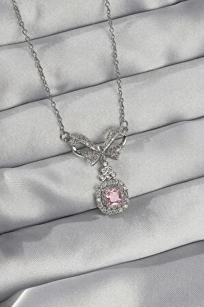 HediyeMarketim  Çelik Gümüş Renk Fiyonk Detay Pembe Zirkon Taşlı Tektaş Kolye