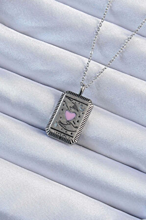HediyeMarketim  Çelik Zincir Eskitme Gümüş Renk Pembe Mineli Kalp Figürlü Tarot Kolye