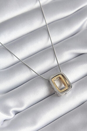 HediyeMarketim  Çelik Gold Gümüş Renk Kare Model Zirkon Taş Detay Kadın Kolye