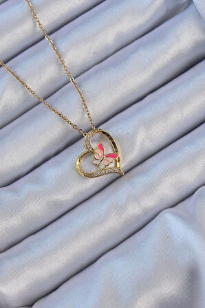 HediyeMarketim  Çelik Zincir Altın Renk Mineli Kelebek Figür Zirkon Taşlı Kalp Kolye