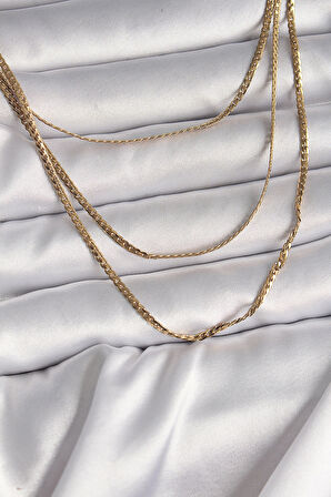 316L Çelik Gold Renk 3 Lü Yassı Zincir Model Kadın Kolye