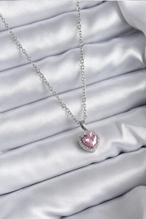 HediyeMarketim  Çelik Zincir Gümüş Renk Pembe Zirkon Taş Charm Model Kadın Kolye