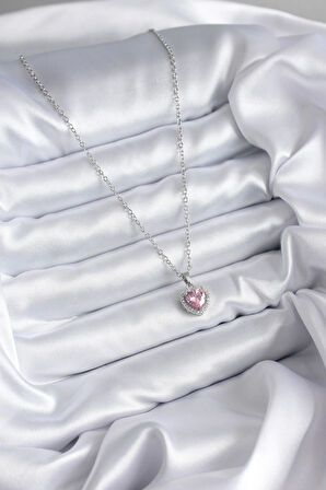 HediyeMarketim  Çelik Zincir Gümüş Renk Pembe Zirkon Taş Charm Model Kadın Kolye