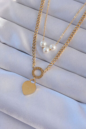 HediyeMarketim  Çelik Gold Renk Çift Zincir İnci Detayı Love Kalp Kolye
