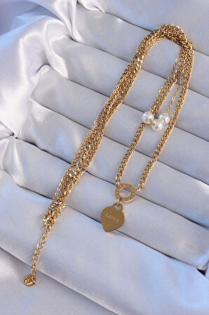 HediyeMarketim  Çelik Gold Renk Çift Zincir İnci Detayı Love Kalp Kolye