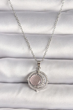 HediyeMarketim  Çelik Gümüş Renk Zirkon Taşlı Pembe Sedefli Hilal Model Kadın Kolye