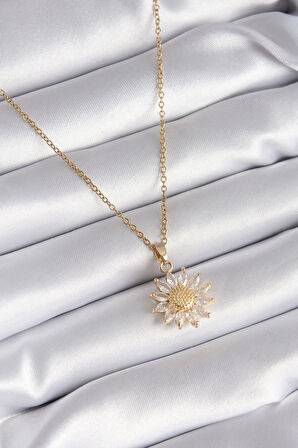 HediyeMarketim  Çelik Gold Renk Zirkon Taşlı Papatya Model Kadın Kolye