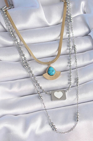 HediyeMarketim  Çelik Mix Renk 3 lü Zincir Damla Madalyon Figür Uzun Kadın Kolye