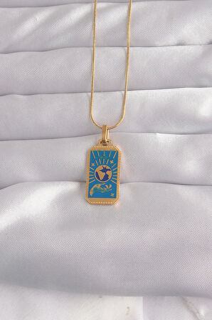 HediyeMarketim  Çelik Gold Renk Mavi Mineli El Figür Tarot Kolye