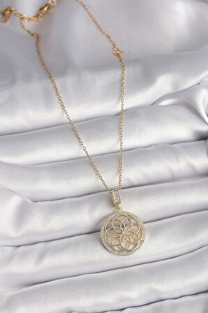 316L Çelik Gold Renk Zincir Zirkon Taşlı Lotus Model Kadın Kolye