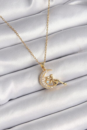 HediyeMarketim  Çelik Gold Renk Zincir Zirkon Taşlı Peri Figür Kadın Kolye